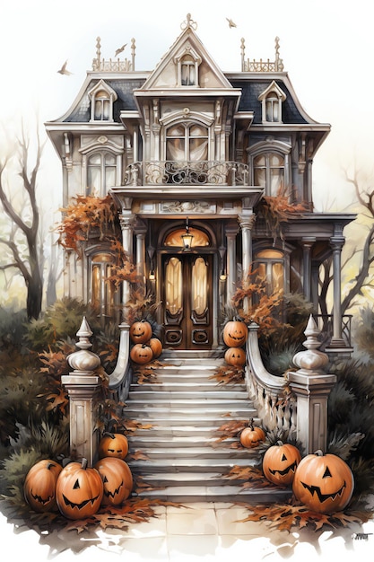 Halloween Mansion Porch Background Design Watercolor Front House Halloween Wallpaper