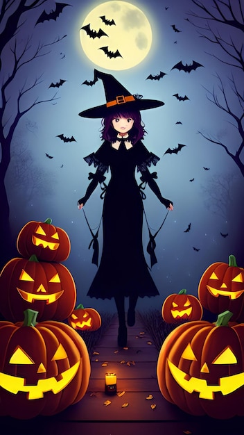 Halloween-meisje met een pompoen 's nachts tegen de achtergrond van de maan Cartoons