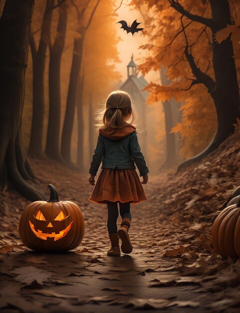 Halloween meisje naast een pompoen's nachts tegen de achtergrond van de maan