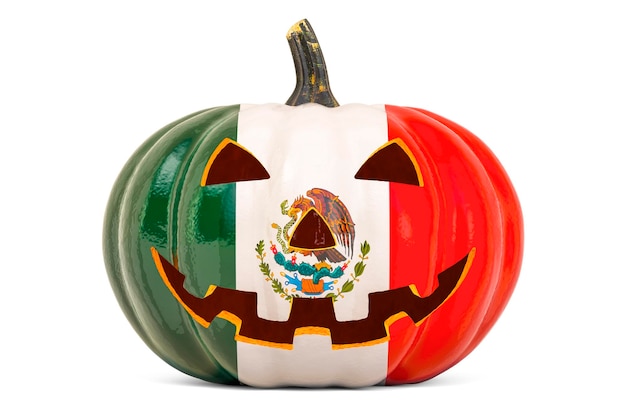 メキシコのコンセプトのハロウィーンは、白い背景に分離されたメキシコの国旗 3 D レンダリングと悪の彫刻が施されたカボチャ