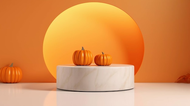 Photo halloween minimal scene 3d podium platform stage showcase on pedestal modern orange pumpkin