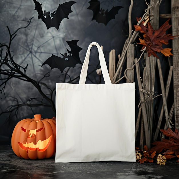 Хэллоуинский макет обычной белой сумки с жуткими элементами