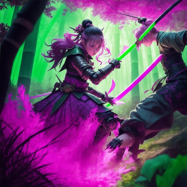 ハロウィンの動機 獰猛な武士の乙女が、輝くピンクの刀を振り回して戦う