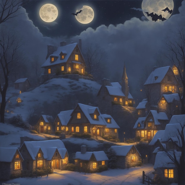 Photo halloween motive thomas kinkade type illustration of a small town with cute stone houses