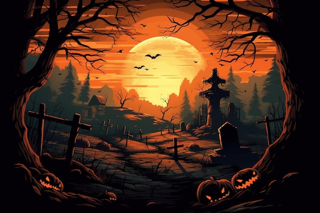 Halloween mystical illustration graveyard and pumpkins on yellow full moon at night