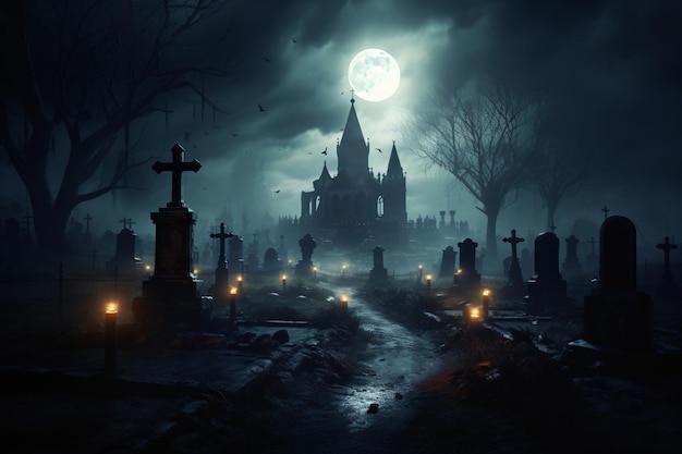 Halloween nacht achtergrond Begraafplaats of kerkhof in de nacht met donkere lucht Haunted begraafplaats Spooky