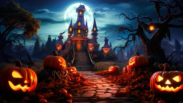 Halloween-nacht griezelige achtergrond 3d cartoonstijl met pompoen en kasteel voor landschapsbanner