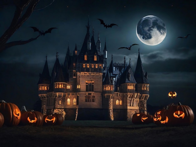 Halloween Nacht Kasteel Gotische Fantasie Foto Generatieve Ai