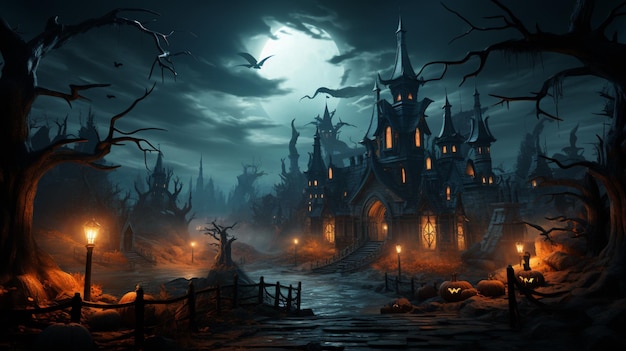 Halloween nacht maan compositie met gloeiende pompoenen vintage kasteel en vleermuizen vliegen over de begraafplaats