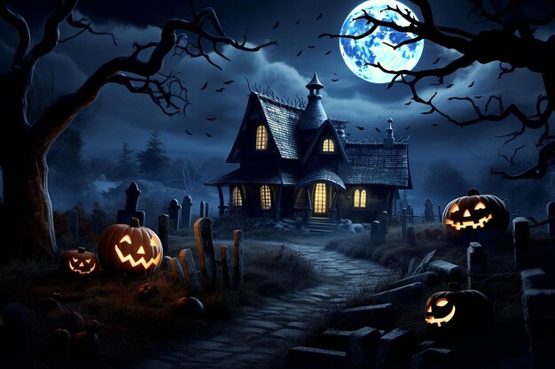 Halloween nacht maan over spookachtig huis