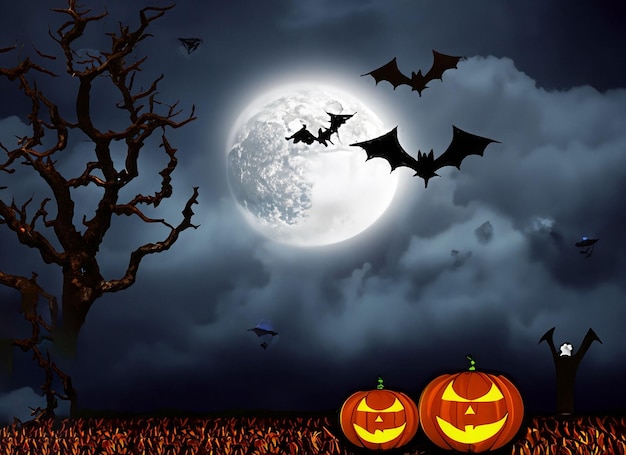 Halloween nacht Spooky maan in bewolkte lucht met vleermuizen