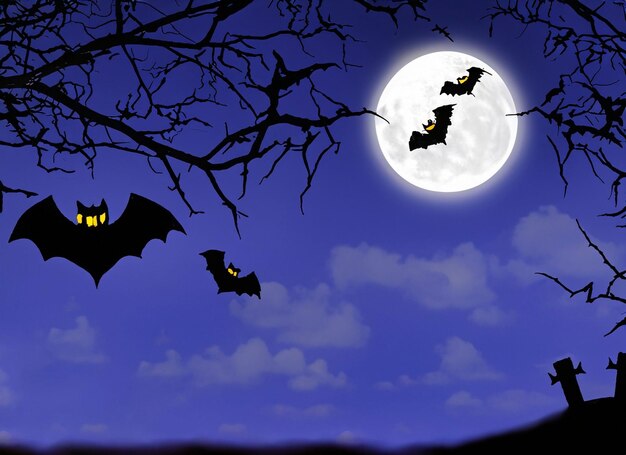 Foto halloween nacht spooky maan in bewolkte lucht met vleermuizen