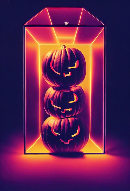 Halloween-nachtachtergrond met pompoenen en een gloeiende neonstandaard Lamp in de vorm van een kubus