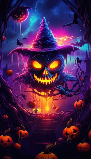 Halloween neon lights background with pumpkins