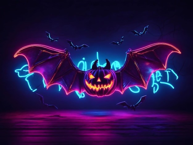 Halloween-neonsjabloon Gloeiende Halloween-neontypografie met vliegende vleermuizen