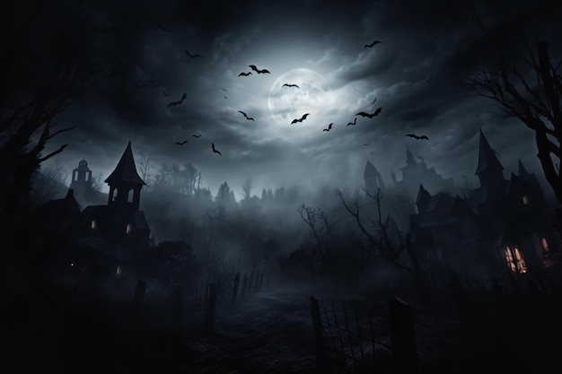 Halloween night background Cemetery or graveyard in the night with dark sky Haunted cemetery Spooky