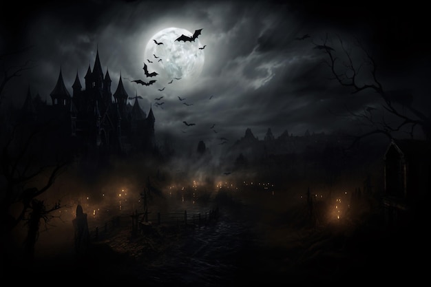 Halloween night background Cemetery or graveyard in the night with dark sky Haunted cemetery Spooky
