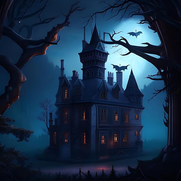 Halloween night background image with spooky castle and tombs trees Generated ai