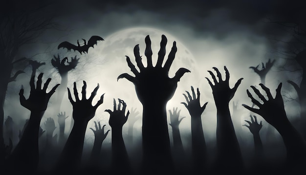 사진 수많은 무서운 그리고 끔찍한 좀비 손들이 어두운 그림자에서 떠오르는 할로윈 밤 배경