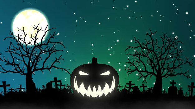 ハロウィーンの夜の背景。カボチャと空飛ぶコウモリのハロウィーンの夜のお祭り。 3dレンダリング