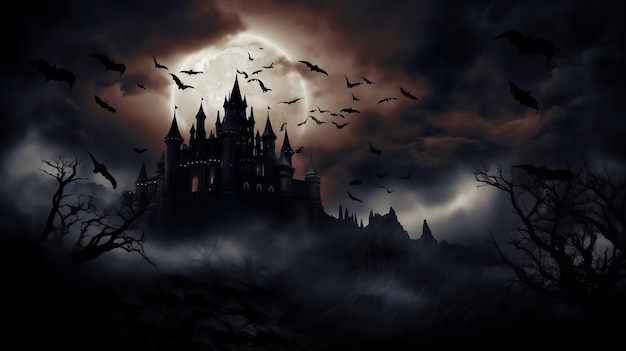 Halloween night background with castle and bats