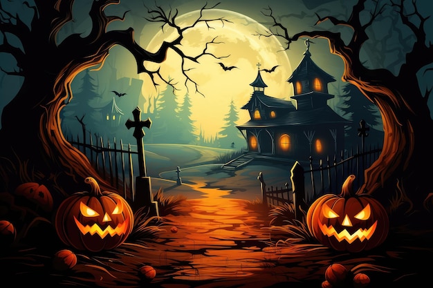 Halloween night background with castle and pumpkins