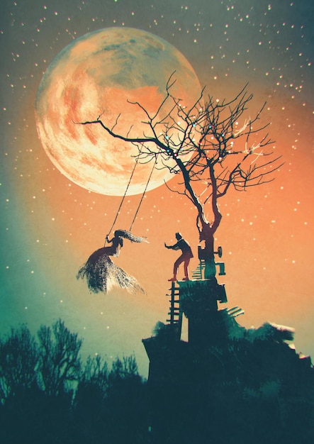 Halloween night background with man pushing woman on swing,illustration painting