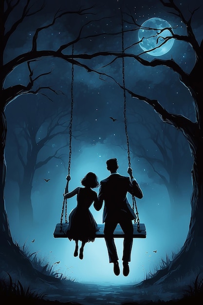 Foto sfondio della notte di halloween con l'uomo che spinge la donna sull'altalena illustrazione dipinto