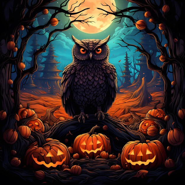 Halloween night background with owl and pumpkins Vector illustration Ai Generated