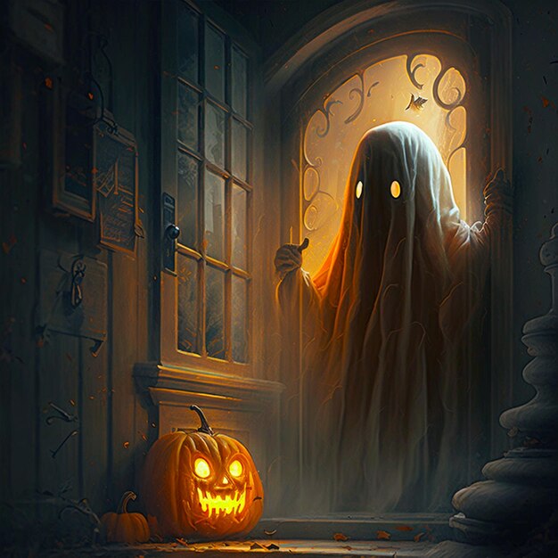 Хэллоуинская ночь на заднем плане с тыквой в доме призраков творческих ужасов