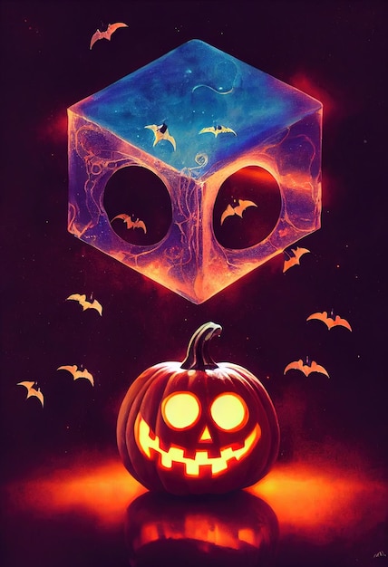 Halloween night background with pumpkin and flying bats