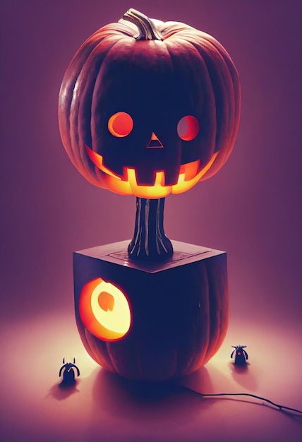 Halloween night background with pumpkin and glowing neon elements Digital painting Halloween style