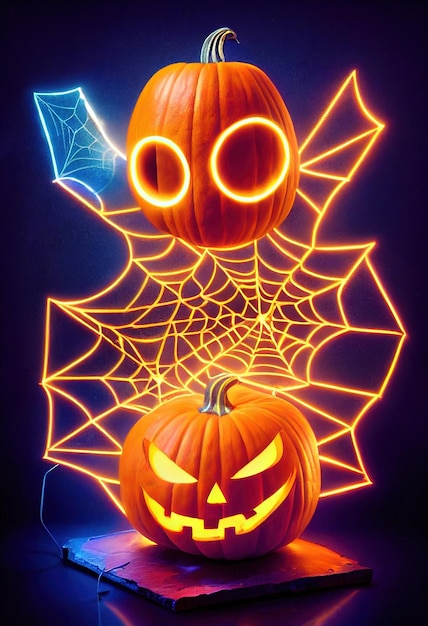 Halloween night background with pumpkin and a glowing stand shaped as web