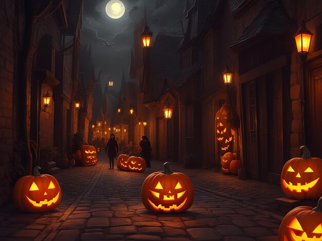 Halloween night background with pumpkins generated by AI