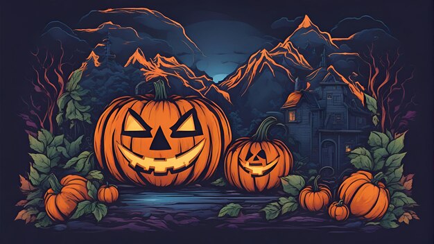 Halloween night background with pumpkins haunted house and forest vector illustration