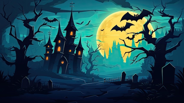 Halloween night background with scary castle and bats