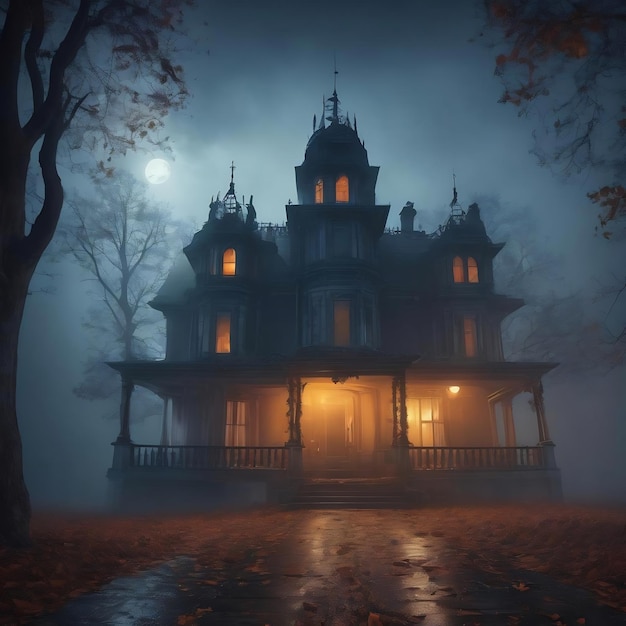 Halloween night background with a spooky mansion in a mysterious fog