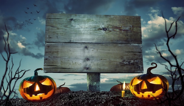 Halloween Night Concept. Blank wooden sign with copyspace and scary pumpkins