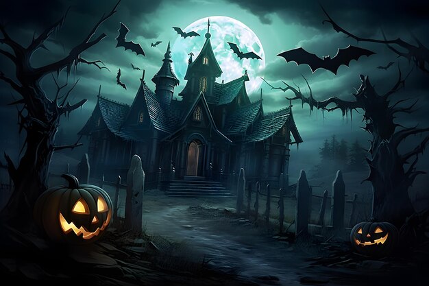 Halloween night creepy pumpkin background with the full moon Scary haunted house and a spooky bats