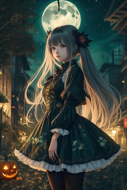 Halloween Night Glow Anime Girl in Enchanted Dress in the Urban Dark