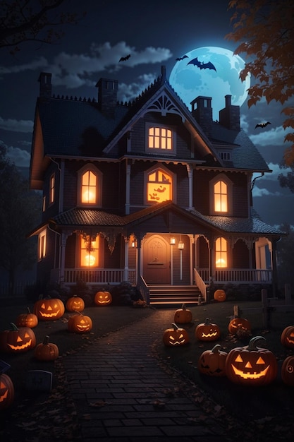 Halloween night glowing pumpkins ghosts house