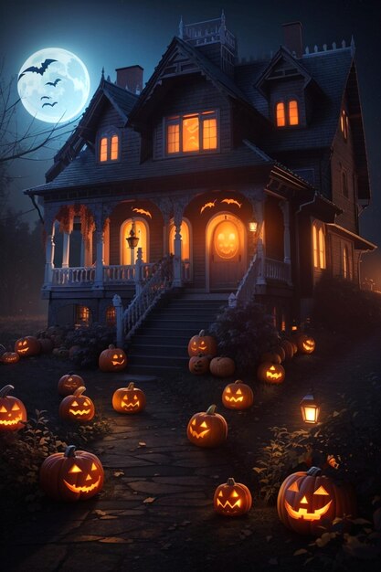 Halloween night glowing pumpkins ghosts house