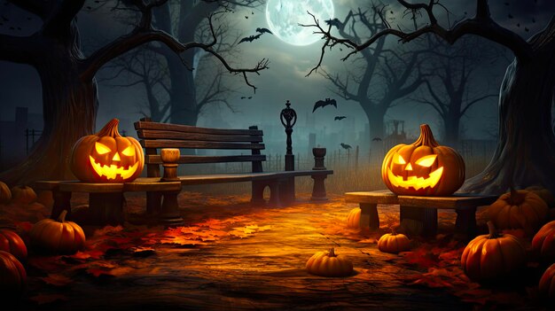 Halloween Night Horror Spooky Forest Sunset with Haunted Glowing Eyes of Jack OLanterns on a