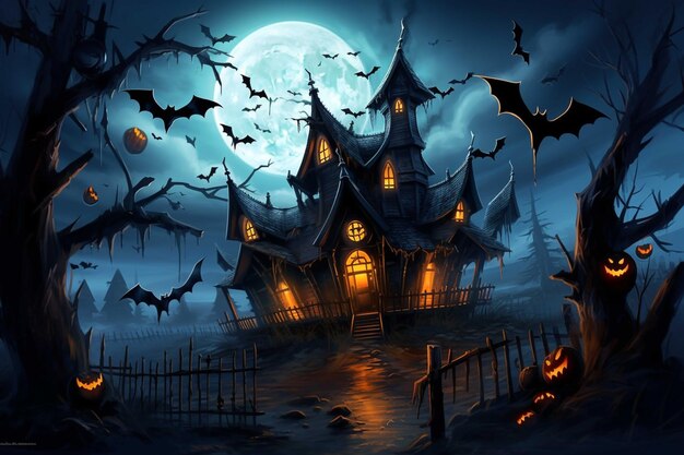 Ночной пейзаж Хэллоуина с домом с привидениями и летучими мышами. Векторная иллюстрация
