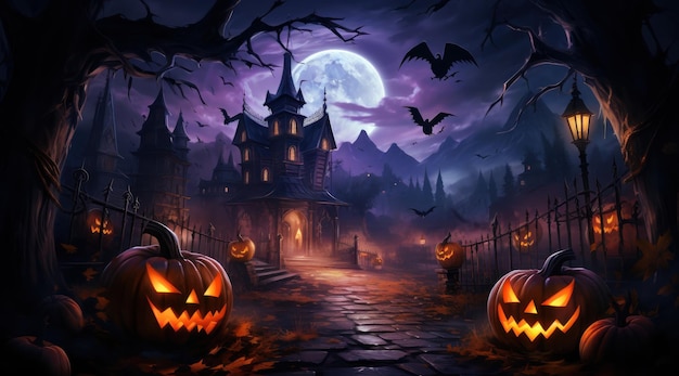 Halloween night moon composition with glowing pumpkins vintage castle and bats flying over