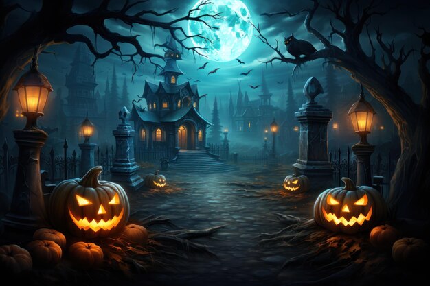 Хэллоуинская ночная лунная композиция со светящимися тыквами, старинным замком и летучими мышами, летающими над ними