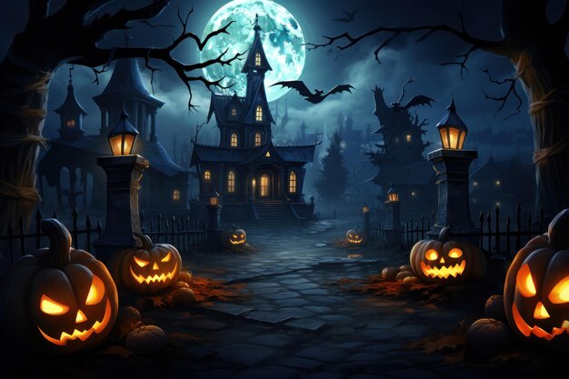 Halloween night moon composition with glowing pumpkins vintage castle and bats flying over