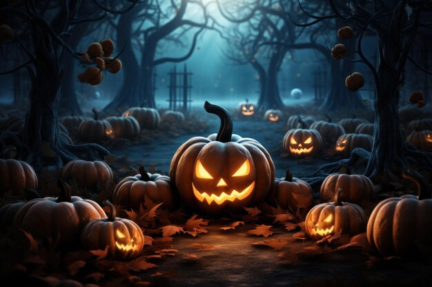 Хэллоуинская ночная лунная композиция со светящимися тыквами, винтажным замком и летучими мышами, летающими над ними