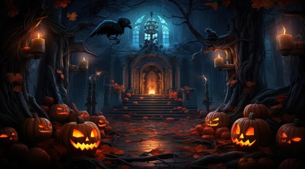 Halloween night moon composition with glowing pumpkins vintage castle