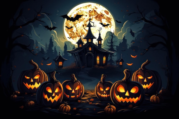 Halloween night moon composition with glowing pumpkins vintage castle